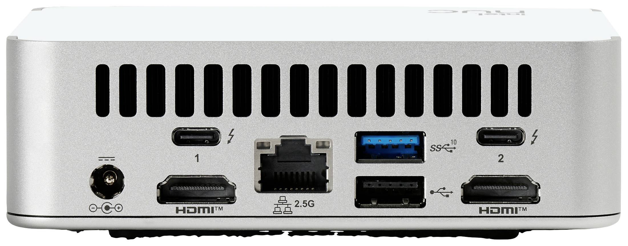 Kleine silberne elektronische Box mit Lüftungsschlitzen. Rückseite zeigt Anschlüsse: Strom, zwei HDMI, Ethernet, USB, zwei Thunderbolt.