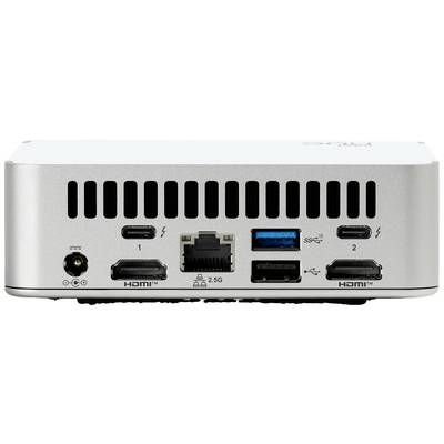 Kleine silberne elektronische Box mit Lüftungsschlitzen. Rückseite zeigt Anschlüsse: Strom, zwei HDMI, Ethernet, USB, zwei Thunderbolt.