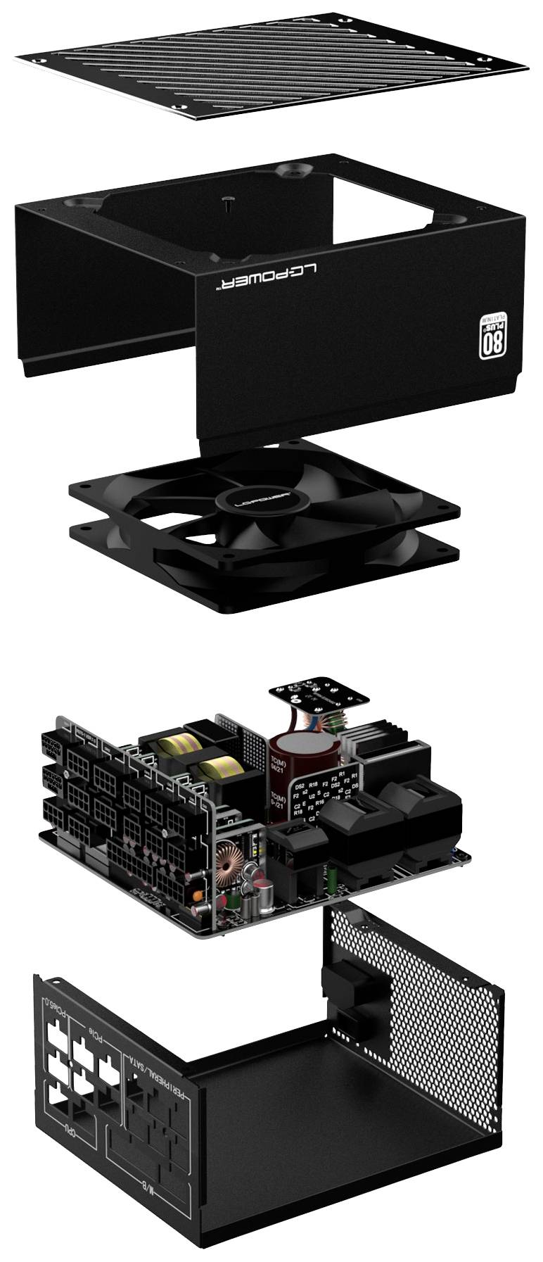 Explodierte Ansicht eines Computer-Netzteils mit Außengehäuse, Lüfter, elektronischen Komponenten und Rückwand, getrennt dargestellt.