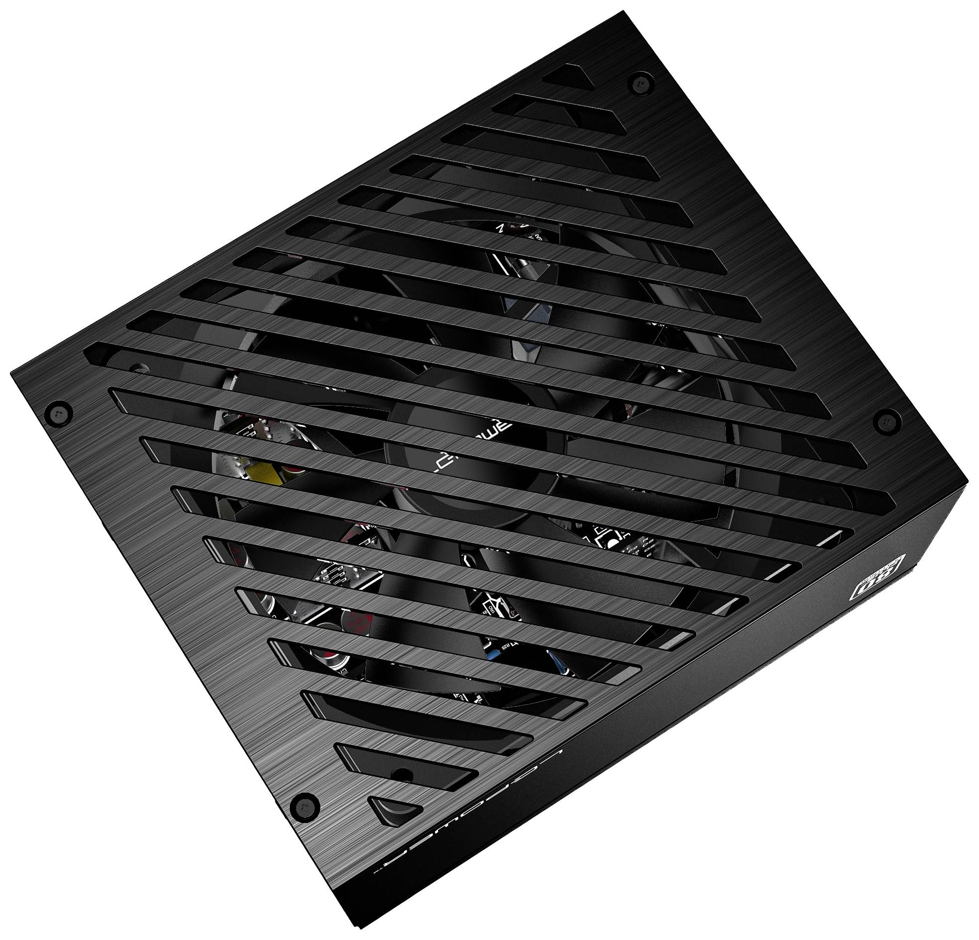 Ein schwarzes PC-Netzteil mit diagonalem Lüftungsgitter und sichtbarem Lüfter, für die Stromversorgung von Computerkomponenten.