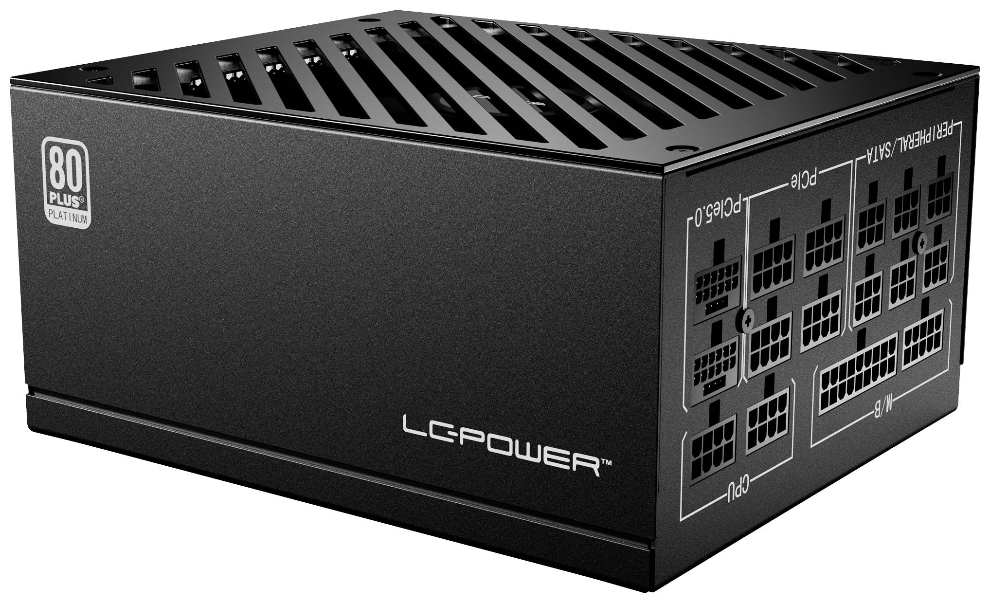 Schwarzes PC-Netzteil mit modularen Anschlüssen und '80 Plus' Effizienz-Label. Markierung 'LC-Power' auf der Seite.