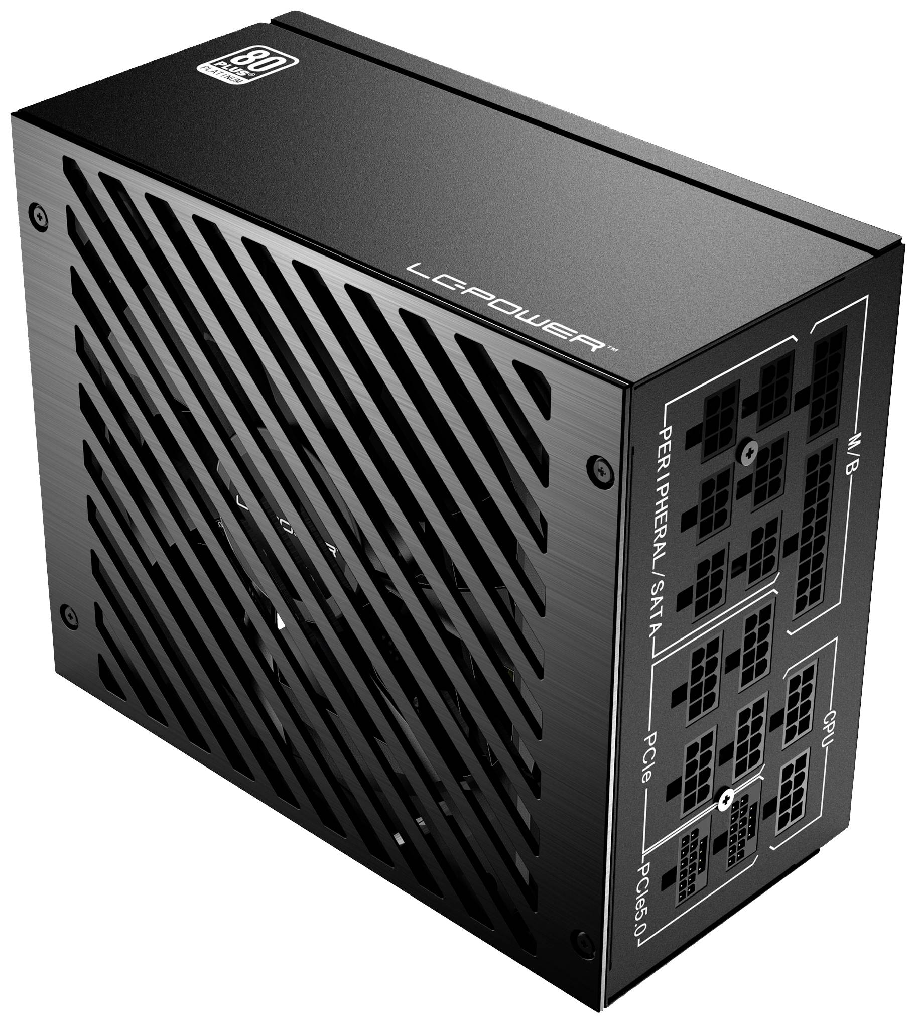 Ein schwarzes PC-Netzteil von LC Power mit mehreren Anschlussmöglichkeiten auf der rechten Seite, darunter SATA und CPU.