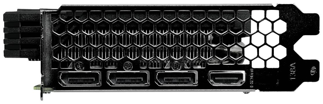 'Rückansicht einer Grafikkarte mit Anschlussblende. Vier Display-Ports und eine Gitterstruktur zur Belüftung sind sichtbar.'