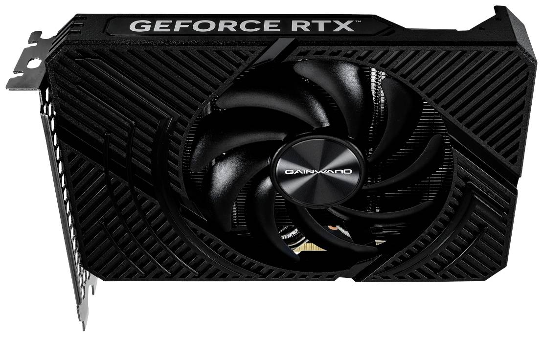 Eine schwarze Grafikkarte von Gainward mit dem Schriftzug 'GEFORCE RTX', sichtbarer Lüfter und Kühlrippen.