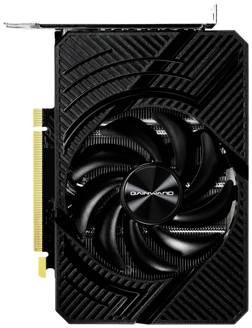 Grafikkarte mit einem schwarzen Lüfterdesign und 'Gainward'-Logo, PCIe-Schnittstelle und kompaktem Format für PC-Einbau.
