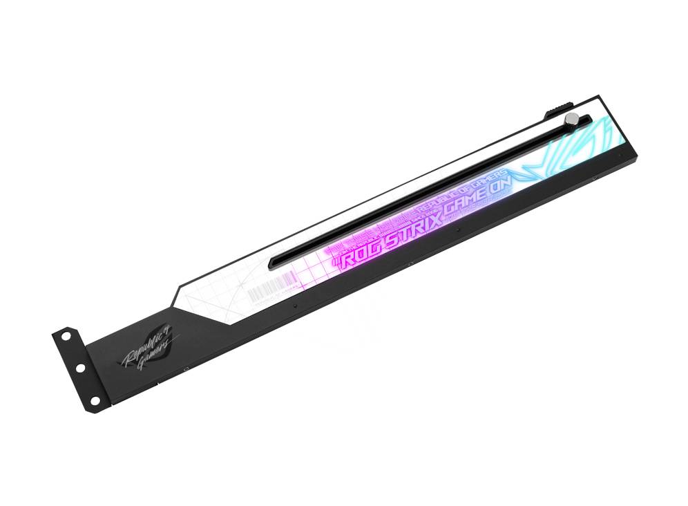 Ein schwarzer Grafikkartenhalter mit RGB-Beleuchtung und dem Text 'ROG STRIX GAME ON'. Er bietet Unterstützung und Stabilität.
