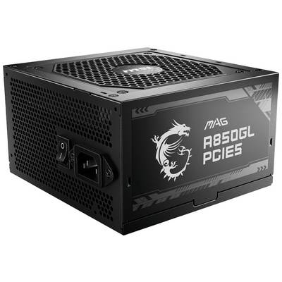 Schwarzes PC-Netzteil mit Schriftzug 'MAG A850GL PCIe5' und stilisiertem Drachen auf der Seite. Enthält Lüfter und Netzschalteranschlüsse.