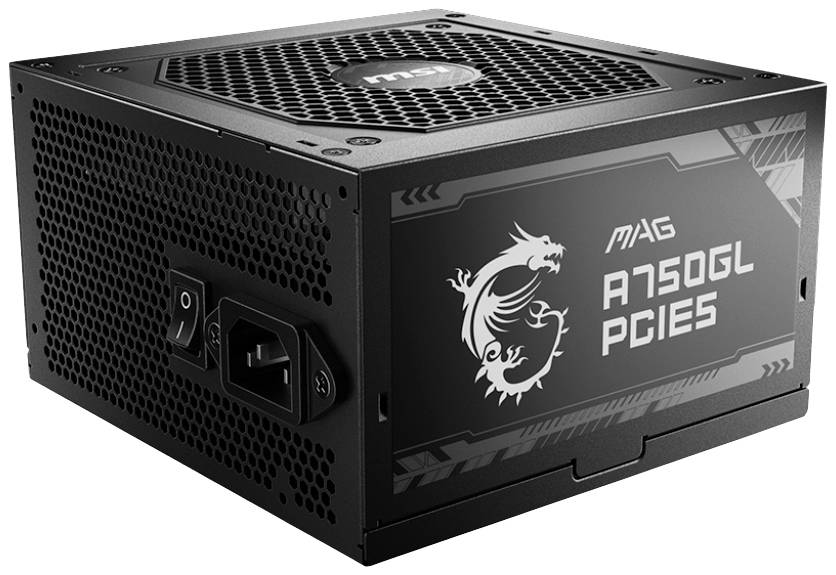 Netzteil mit der Aufschrift 'MAG A750GL PCIe5', schwarzes Gehäuse, verfügt über Lüftungsgitter und Stromanschlüsse.