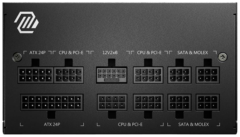 'Rückseite eines PC-Netzteils mit verschiedenen Anschlüssen: ATX 24P, CPU & PCI-E, 12V2x6, SATA & MOLEX. Beschriftungen zur Orientierung.'