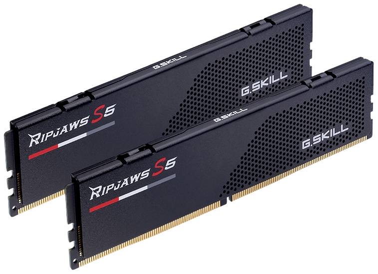 Zwei schwarze RAM-Module von G.Skill mit der Aufschrift 'Ripjaws S5', nebeneinander liegend, zeigen das schlanke und moderne Design.