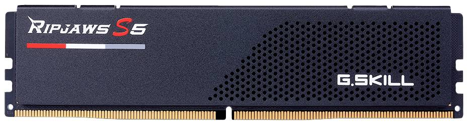 Ein G.SKILL Ripjaws S5 RAM-Modul in Schwarz mit einem stilisierten Logo auf der linken Seite und einem perforierten Design rechts.