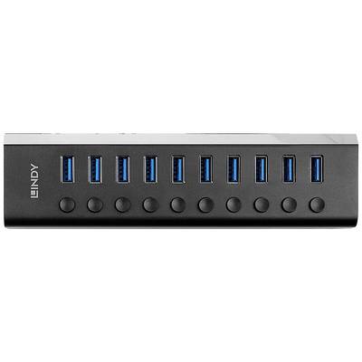 Ein schwarzer USB-Hub mit zehn blauen USB-3.0-Ports in einer Reihe. Links ist der Markenname 'Lindy' aufgedruckt.