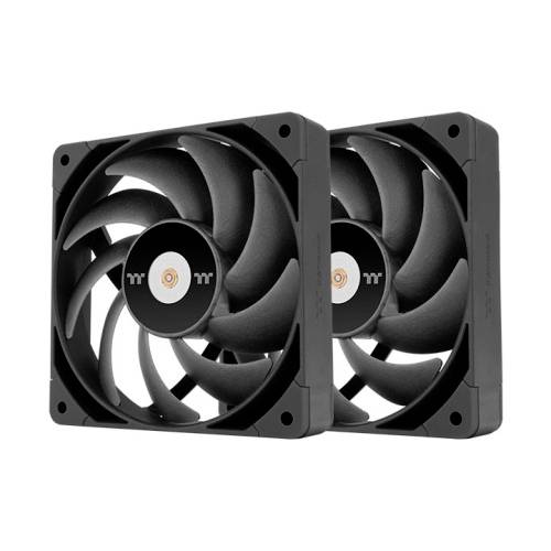 Zwei schwarze Computerkühlventilatoren, übereinander platziert, jeweils mit neun Flügeln.