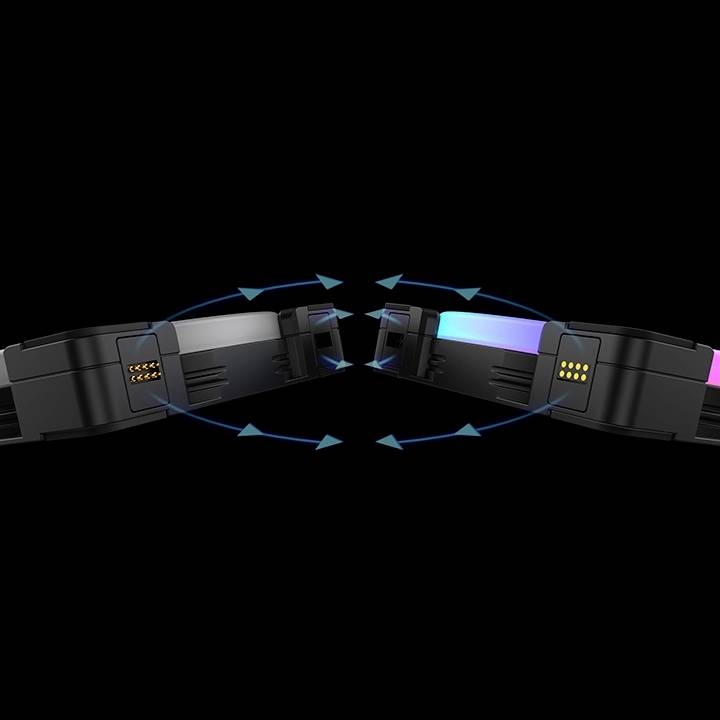 Zwei faltbare, schwarze, rechteckige Geräte mit blauen und violetten Lichtstreifen, die in einen Kreis ausgerichtet sind.