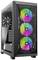 Computertower mit Glasfront, drei leuchtende Lüfter mit RGB-Beleuchtung vorne. Schwarzer Rahmen, seitliche Lüftungsschlitze.