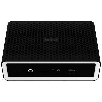 Ein kleiner, schwarzer Mini-PC von ZOTAC mit perforierter Oberseite. Vorderseite zeigt Anschlüsse für USB, Kopfhörer und Mikrofon.