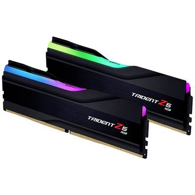 Zwei Trident Z5 RGB RAM-Module mit farbenfroher LED-Beleuchtung. Sie sind schwarz mit pinken, blauen und grünen Akzenten.