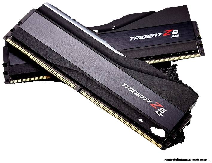 Zwei G.Skill Trident Z5 RGB RAM-Module mit schwarzem Kühlkörper und RGB-Beleuchtung, übereinander liegend.