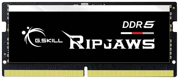 RAM-Modul der Marke G.Skill, Modell 'Ripjaws', Typ DDR5. Rechteckige Form mit schwarzem und silbernem Design, goldene Kontaktpins.
