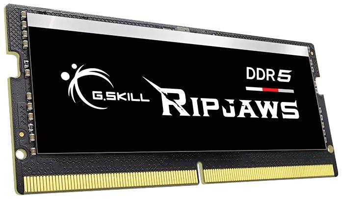 G.SKILL Ripjaws DDR5 RAM-Modul, schwarz mit weißer Schrift, Steckplätze an der Unterseite, geeignet für Computererweiterung.