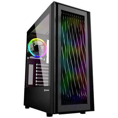 Ein schwarzes PC-Gehäuse mit transparentem Seitenfenster und einem RGB-Lüfter innen. Die Front hat ein wellenförmiges Gitterdesign.