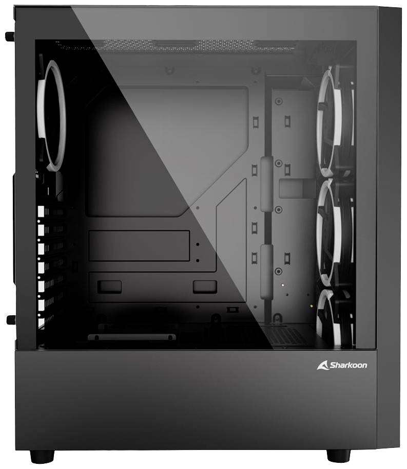 Schwarzes PC-Gehäuse aus Glas und Metall mit transparentem Fenster und mehreren Lüfterhalterungen. Markenname unten rechts sichtbar.