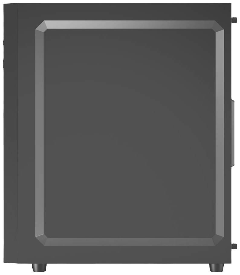 Speckige, schwarze Computergehäuseseite mit abgerundeten Ecken aus Metall ohne sichtbare Marken- oder Produktkennzeichnungen.