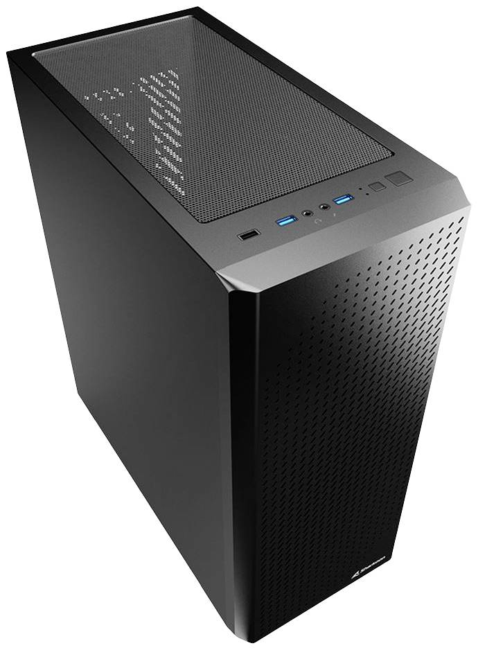 Ein schwarzes Computergehäuse mit Belüftungsgittern an der Seite und Oberseite. Oben befinden sich zwei USB-Anschlüsse und ein Einschaltknopf.