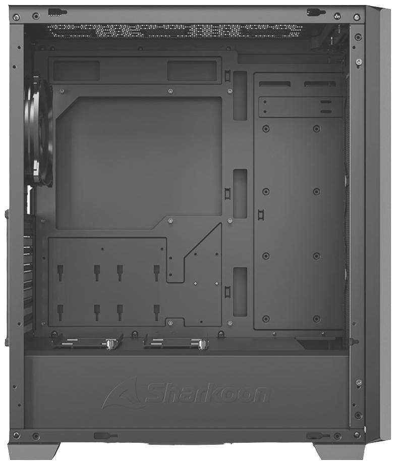 Schwarzes Computergehäuse ohne Komponenten, zeigt leeres Inneres mit Halterungen und Kabelschächten, bereit für PC-Bau.