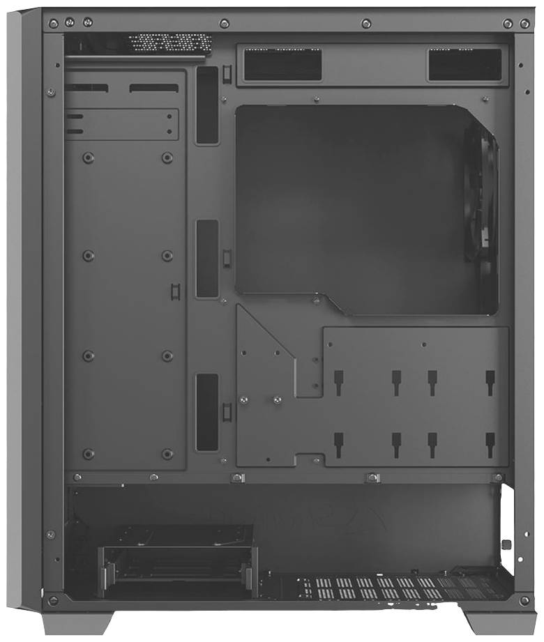 Metallischer Computer-Gehäuse-Turm mit offenem Innenraum, mehreren Schlitzen und Lüfteraussparung, geeignet für PC-Komponenteninstallation.