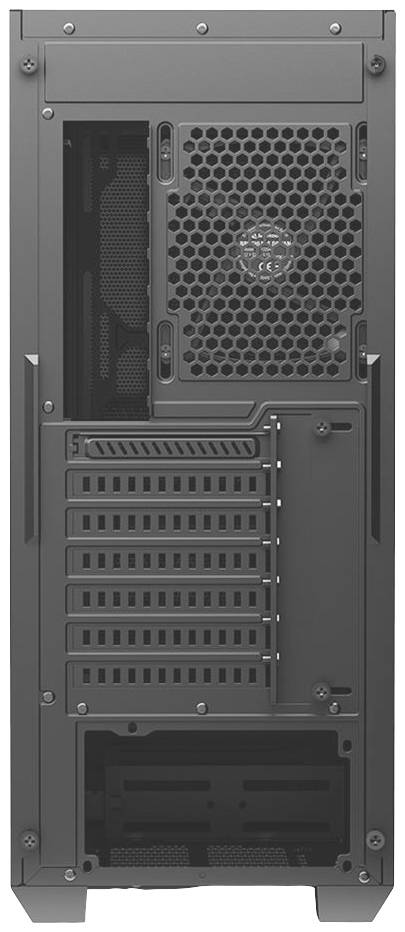 Gehäuse-Rückseite eines Computer-Towers mit Lüftungsgitter, mehreren Erweiterungsslots und Anschlüssen.