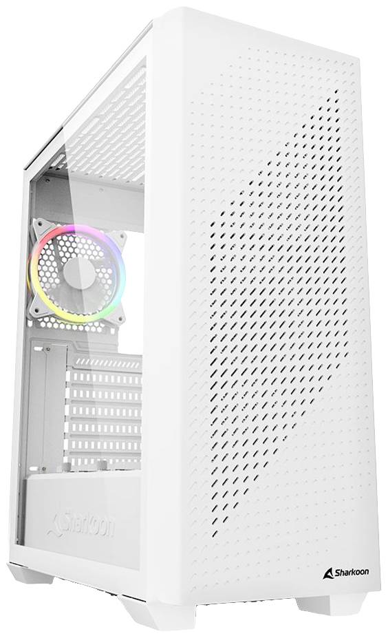 Weißes PC-Gehäuse mit perforierter Front und einem seitlich sichtbaren Lüfter mit LED-Beleuchtung. Marke: Sharkoon.