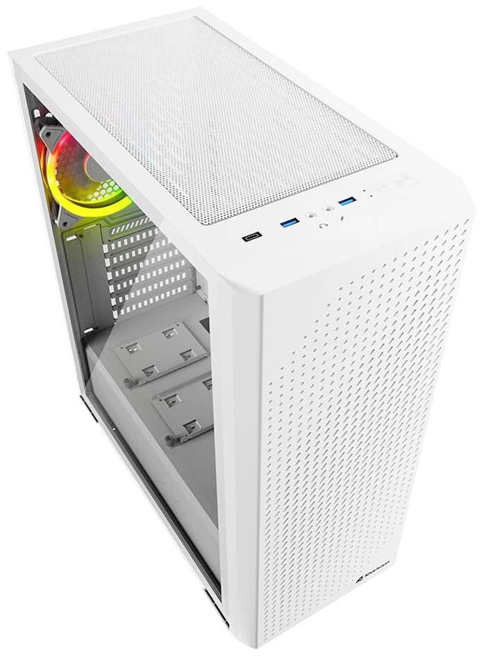 Weißes Computergehäuse mit Seitenfenster; RGB-Lüfter im Inneren sichtbar. Minimalistisches Design mit Lüftungsgittern oben und vorne.