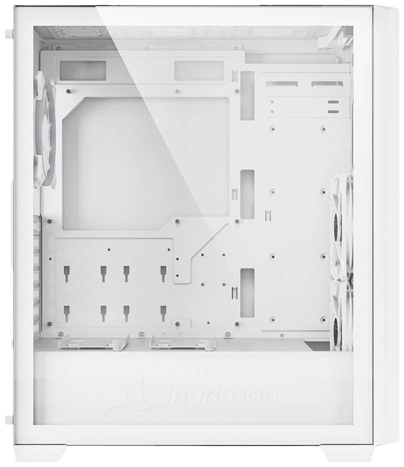 Weiße Computergehäuse-Innenseite mit Lüfterplatzierungen und Belüftungsschlitzen sichtbar. Geeignet für PC-Komponenteninstallation.