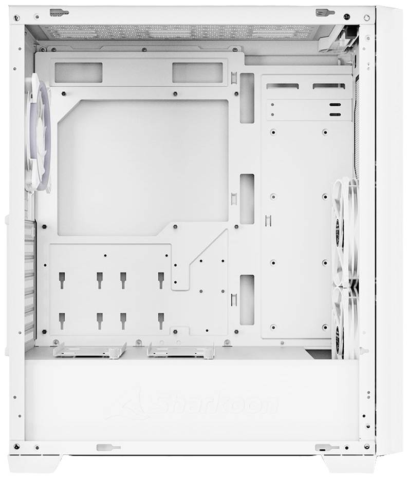 Ein weißes PC-Gehäuse ohne Komponenten. Sichtbar sind Lüfter an der Vorderseite und oben. Viel Platz für Montage von Hardware.