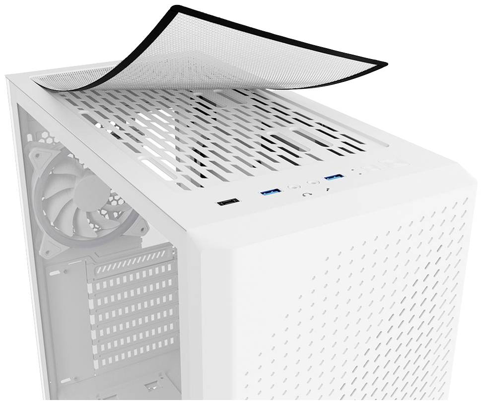 Weißes Computergehäuse mit abnehmbarer Lüftungsabdeckung, teilweise geöffnet. Ventilator und Anschlüsse an der Vorderseite sichtbar.