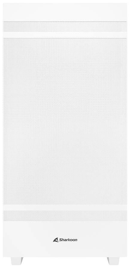 Ein weißes Computergehäuse von Sharkoon mit minimalistischer Vorderseite und dezentem Logo unten.