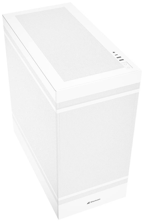 Weißes Computergehäuse mit Mesh-Oberfläche und mehreren USB-Anschlüssen an der Oberseite.