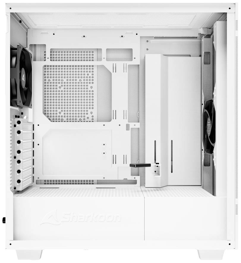 Ein weißes Computergehäuse mit Sicht auf das Innere, zeigt Lüfter, leere Steckplätze und Kabelmanagementbereiche.