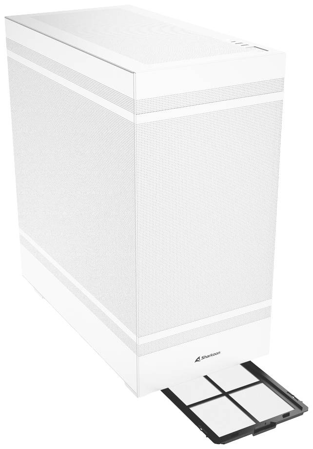 Ein weißes Computergehäuse mit rechteckigem Design. Im unteren Bereich ist ein herausziehbarer Staubfilter sichtbar.