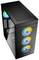 Ein schwarzes Computergehäuse mit Seitenfenster, drei vorderen Lüftern mit RGB-Beleuchtung, und einem oberen Lüfter mit RGB-Beleuchtung.
