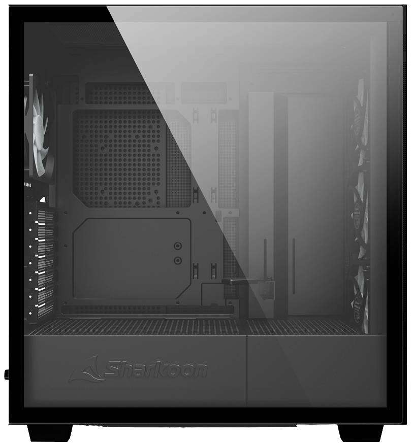 Gehäuse eines Desktop-Computers mit transparentem Seitenfenster, zeigt Lüfter, Netzteilabdeckung und Platz für Komponenteninstallationen.