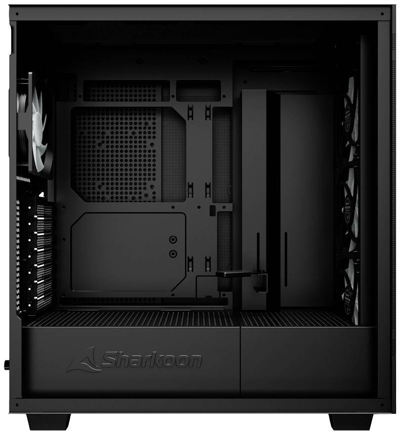 Schwarzes Computergehäuse ohne Komponenten. Sichtbar sind Lüfter und Platz für Motherboard und Laufwerke. Marke 'Sharkoon' vorne.