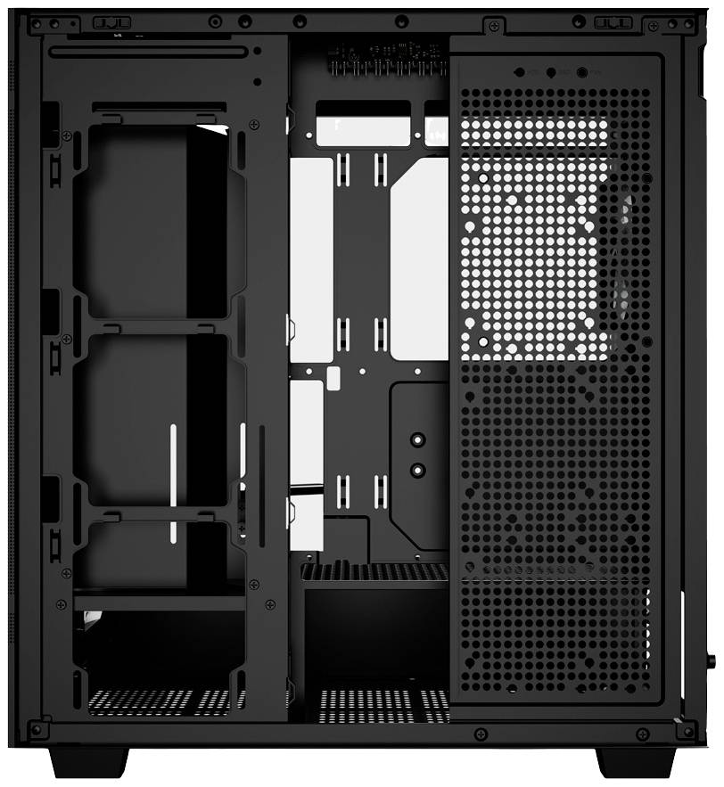 'Offenes Computergehäuse mit sichtbarem inneren Aufbau für Komponenteninstallation, inklusive Belüftungsgitter und Kabelmanagement.'