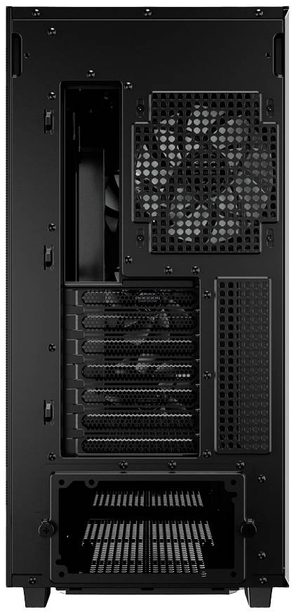 'Rückseite eines Computerturms mit mehreren Lüfteröffnungen und Erweiterungssteckplätzen. Die Anordnung ist typisch für PC-Kühlung.'