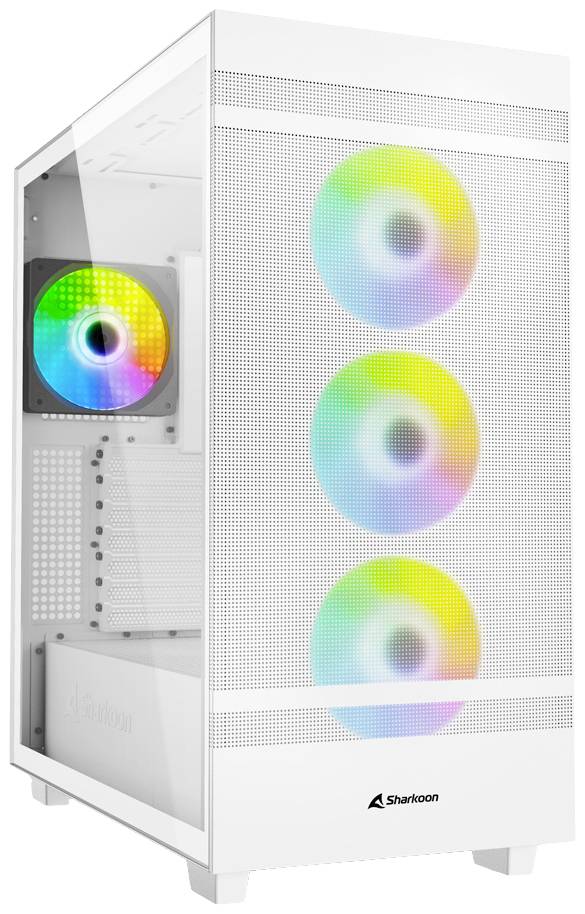 Ein weißes PC-Gehäuse mit transparentem Seitenteil, das drei RGB-beleuchtete Ventilatoren auf der Front und einen auf der Rückseite zeigt.