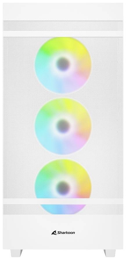 Ein weißes PC-Gehäuse mit drei vertikal angeordneten, farbig leuchtenden Lüftern an der Frontseite.