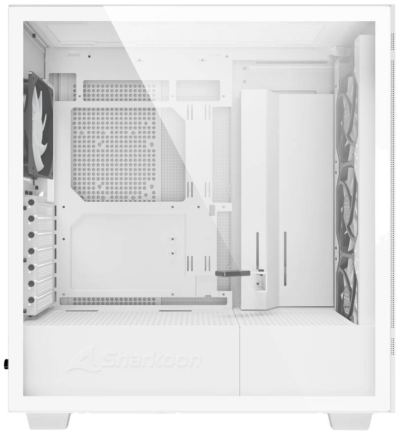 Weißes Computergehäuse mit drei Lüftern an der Front und einem an der Rückseite. Sauberes, minimalistisches Innenlayout.