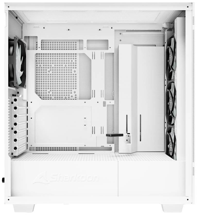Ein PC-Gehäuse in Weiß mit mehreren Lüfterplätzen und Kabelmanagement-Optionen, bietet Platz für Erweiterungskarten und Laufwerke.