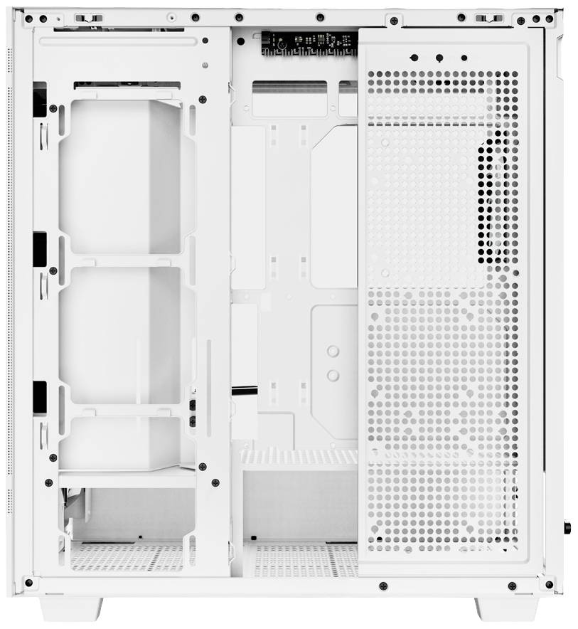 Weiße Computergehäuseinnenseite mit offener Seitenabdeckung, zeigt Fächer für Hardware, Belüftungsgitter und Kabelmanagement-Schlitze.
